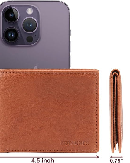 BOTANNER Mens Genuine Leather Flip ID Wallet RFID Blocking 8 Credit Card Slots 2 ID Windows 2 Sections for Bills 3 Hidden Pockets | Tan