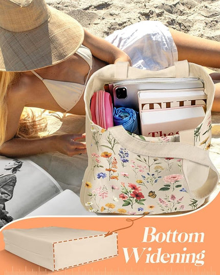 Aesthetic 2 Pack Canvas Tote Bag - with Makeup Pouch Bag for Women Reusable Grocery Bag for Gym, Travel, Work