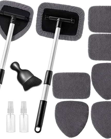 11pcs Windshield Cleaner Tool, Car Window Cleaning Wash Kit with 6 Reusable Microfiber Pads 2 Spray Bottles and Extendable Handles Auto Glass Wiper Kit, Gray