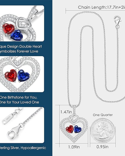 LOUISA SECRET Sparkling Double Heart Birthstone Necklaces for Women, 925 Sterling Silver Fine Jewelry, Pendant Heart Necklaces Birthday Anniversary Christmas Gift for Women Wife Mom Girlfriend Lady