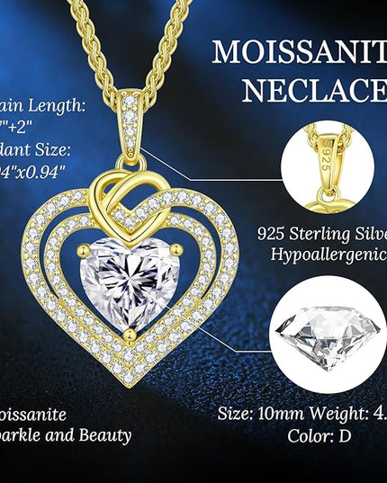 OOBEE Moissanite Heart Necklaces for Women, 1- 4 Carat Moissanite 925 Sterling Silver Gold Plating Fine Women Necklace，Ideal Anniversary Birthday Christmas Valentine Mothers Day Jewelry Gifts for Mom Wife Her Girlfriend