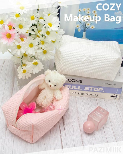 PAZIMIIK 2PCS Cozy Makeup Bag Travel Cosmetic Bag for Women Soft Toiletry Bag Aesthetic Makeup Organizer Portable Large Zipper Pouch for Skincare Beauty Accessories Brushes Waffle Check Light Pink