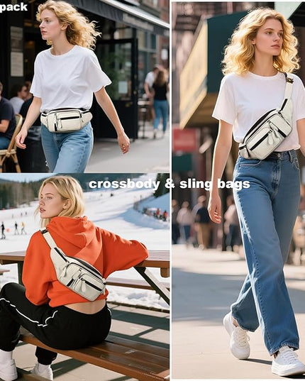 Genuine Leather Fanny Pack large capacity Crossbody Waist Bag with Zipper phone Pockets white