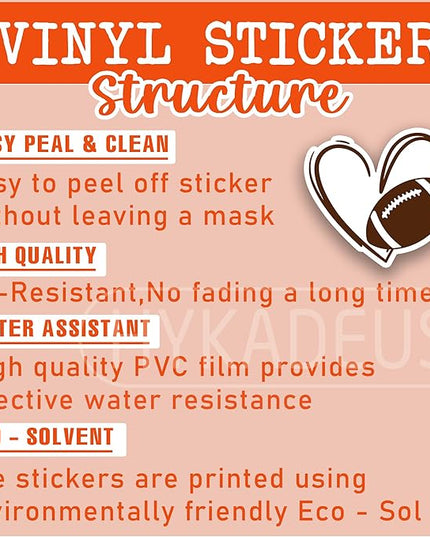 (3Pcs) Football Stickers Football Heart Vinyl Decals Waterproof Sticker for Water Bottle, Tumbler, Laptop, Phone Case, Poster Board, Scrapbook, Team Players, Coach, 3" x 2.8"