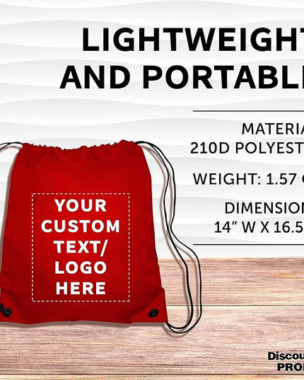 DISCOUNT PROMOS Custom Classic Polyester Drawstring Bagpack Set of 10/50/100, Personalized Bulk Pack - Great for Travelling, Gym and for Everyday Use - Red