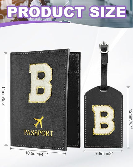PATIKIL Passport Holder for Travel, Initial Passport Cover and Luggage Tag Set with Alphabet Chenille Letter Patch Travel Wallet Bag Suitcase Identifier for Women Family Travel Black B