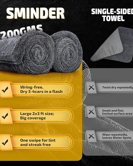 2-Pack 1200 GSM Car Drying Towels – Microfiber Towels for Cars (36" x 24"), Ultra-Absorbent, Streak-Free, Scratch-Free, No Water Spots, Double-Twist Pile & Edgeless Design