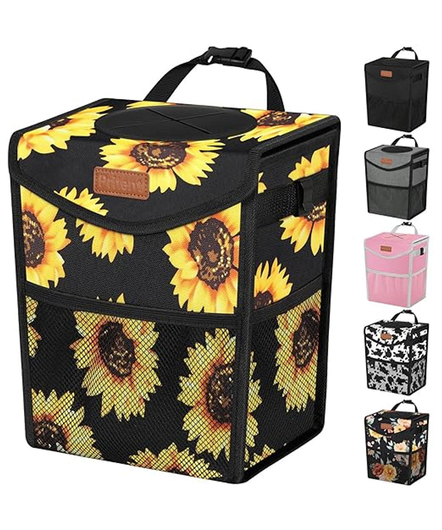 Car Trash Can with Lid, Cute Leakproof Car Trash Garbage Bag Hanging Vehicle Trash Bin Small Portable Automotive Garbage Cans Organizer for Back/Front Seat(Trapezoid,Black Sunflower
