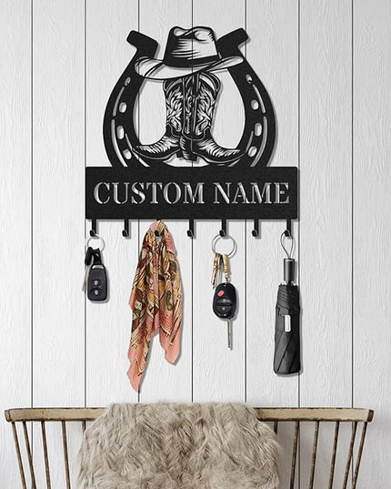 LOWACOS Personalized Key Holder for Wall, Custom Metal Cowboy Key Hooks with Name, Meta Jacket Holder Hooks Organizer Rack, Jacket Hanger Decor for Kitchen, Entryway, Hallway, Office, Doorway