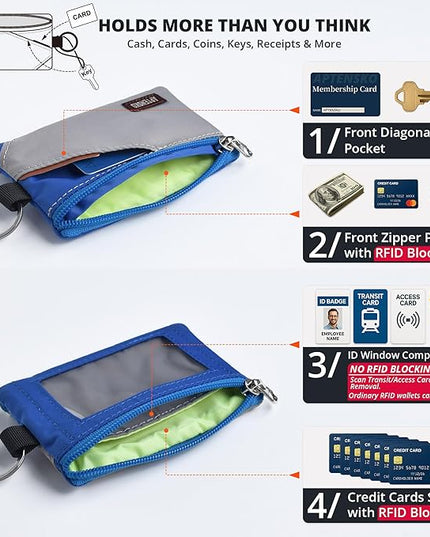 RFID Travel Wallet with Adjustable Lanyard-Zipper Small Wallet with ID Card Holder, Keychain for women&men-Minimalist Slim Waterproof Nylon case for ID, Cash, Key (Grey+Blue)