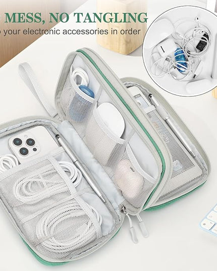FYY Electronic Organizer, Large Travel Cable Organizer Bag Pouch Electronic Accessories Carry Case Portable Waterproof Double Layers All-in-One Storage Bag for Cable, Cord, Charger, Pattern Green