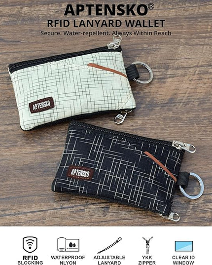 RFID Blocking Travel Wallet with Adjustable Lanyard, Small Nylon Zipper Pouch and Badge Holder for ID, Credit Cards, Cash, Keys, Commuters(BeigeCrosshatch)