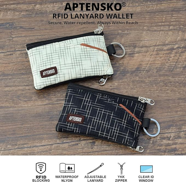 RFID Blocking Travel Wallet with Adjustable Lanyard, Small Nylon Zipper Pouch and Badge Holder for ID, Credit Cards, Cash, Keys, Commuters(BeigeCrosshatch)