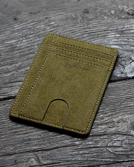 Buffway Slim Minimalist Front Pocket RFID Blocking Leather Wallets for Men and Women - At Sahara Desert Green