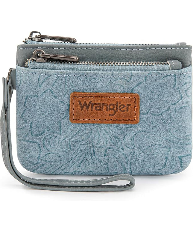 Montana West Wrangler Coin Purse for Women RFID-blocking Floral Embossed Change Pouch Wristlet Wallet Lightweight Portable Wallets Blue