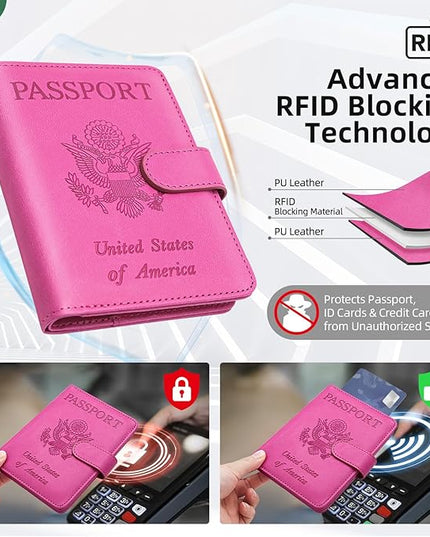Passport Holder for Travel with Luggage Tag Cover – RFID Blocking Passport Wallet for Women & Girl | Leather Passport Cover/Passport Case with Extra Money Pocket & Magnetic Clasp – Pink