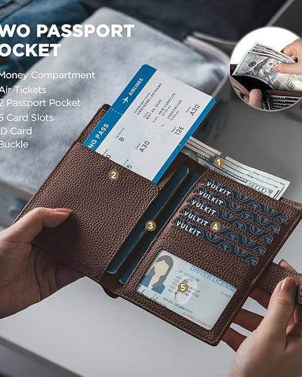 VULKIT Leather Passport Wallet for 2 Passports Slim Double Passport Holder RFID Blocking Passport Travel Wallet with ID Window for Women