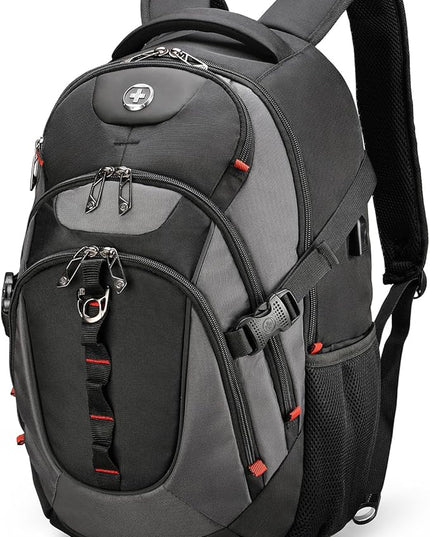 Swissdigital Design Laptop Backpack, Travel Backpack with USB Charging Port Fits 15.6 inches Computer, 31L College School Bookbag for Men, Black/Grey | SD803-02