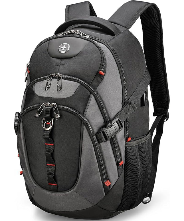 Swissdigital Design Laptop Backpack, Travel Backpack with USB Charging Port Fits 15.6 inches Computer, 31L College School Bookbag for Men, Black/Grey | SD803-02