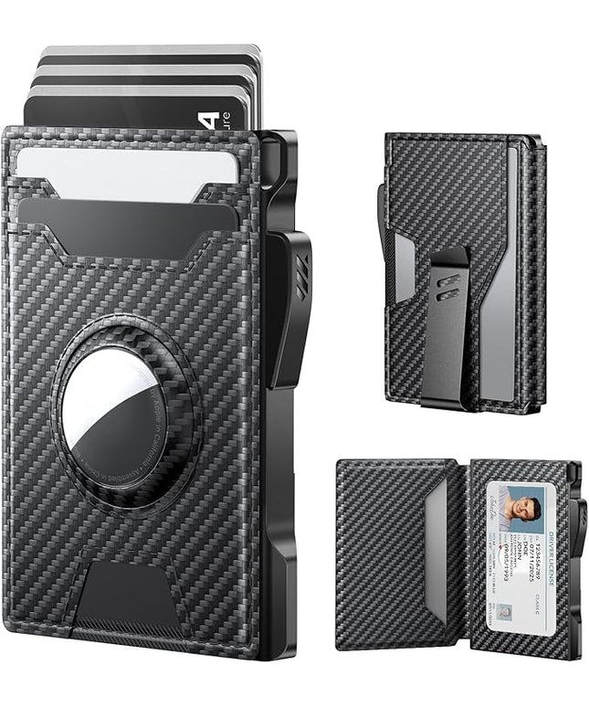typecase AirTag Wallet for Men: Pop Up Card Case, Secure Holder for Apple Air Tag, Premium Leather, Smart, RFID Blocking, Slim, Minimalist, 13 Cards Capacitiy | ID Window | Money Clip (Carbon Fiber)