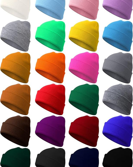 Foaincore 24 Pcs Winter Beanie Hats Bulk for Men Women Warm Roll up Edge Skullcap Colorful Warm Cuff Cap Fisherman