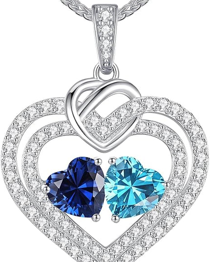 LOUISA SECRET Sparkling Double Heart Birthstone Necklaces for Women, 925 Sterling Silver Fine Jewelry, Pendant Heart Necklaces Birthday Anniversary Christmas Gift for Women Wife Mom Girlfriend Lady