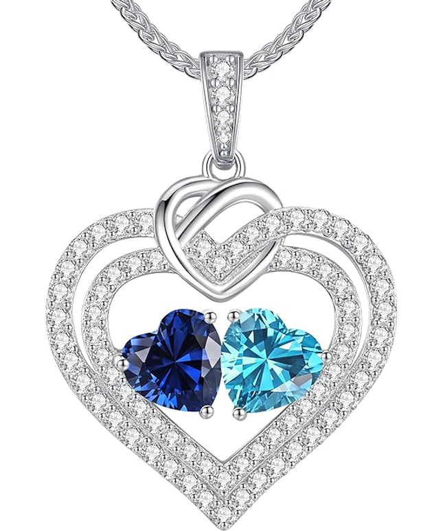 LOUISA SECRET Sparkling Double Heart Birthstone Necklaces for Women, 925 Sterling Silver Fine Jewelry, Pendant Heart Necklaces Birthday Anniversary Christmas Gift for Women Wife Mom Girlfriend Lady