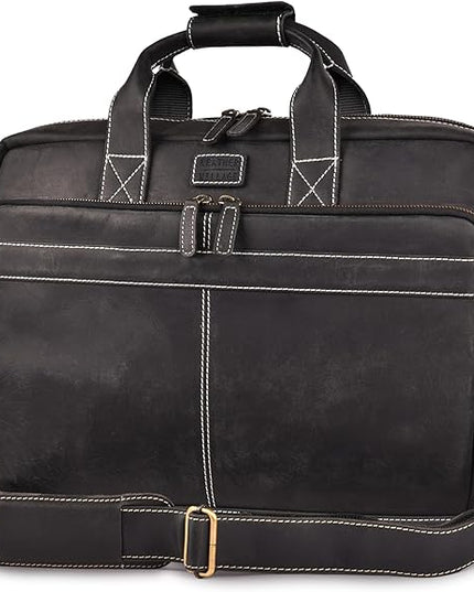 LEATHER VILLAGE 16" Leather Laptop Messenger Briefcase Bag for Men-Leather Satchel for Travel and Office Shoulder Bag-Black