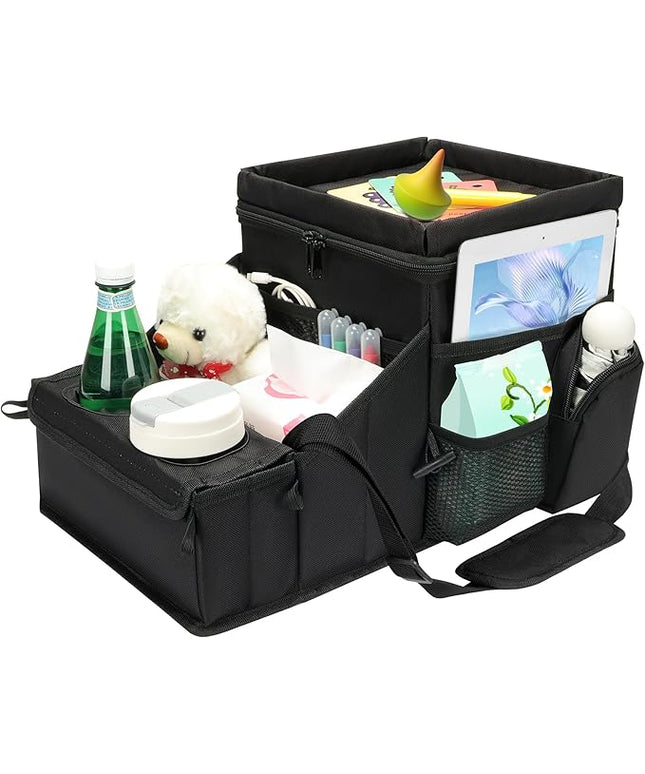 COOLBEBE Car Seat Organizer, Backseat Car Organizer with Cup Holders for Kids and Adults Travel, Cooler Compartment Passenger Seat Organizer Storage Box for Front or Middle Seat, Black