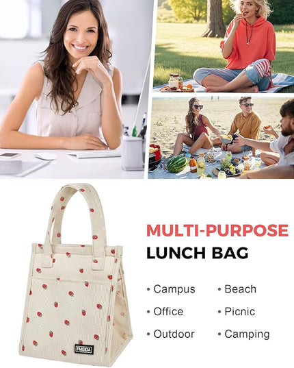 Fmeida Insulated Lunch Bag Women, 6.75L Small Lunch Bags with Multiple Pockets, Reusable Thermal Cooler Tote for Work, Office, Picnic, Travel | Hook and Loop Closure, Strawberry