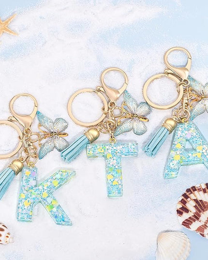 Fashion Alphabet Initial Letter Keychain Tassel Butterfly Pendant Key Ring for Purse Handbags Women Girl