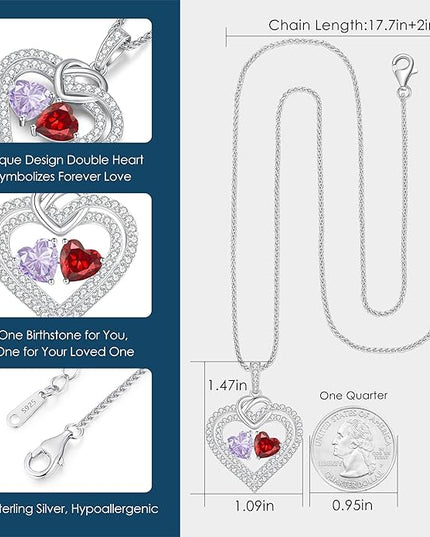 LOUISA SECRET Sparkling Double Heart Birthstone Necklaces for Women, 925 Sterling Silver Fine Jewelry, Pendant Heart Necklaces Birthday Anniversary Christmas Gift for Women Wife Mom Girlfriend Lady