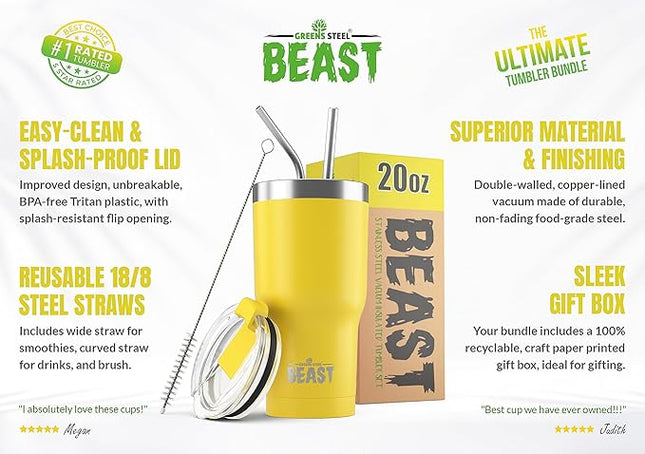 Beast 20 oz Tumbler Stainless Steel Vacuum Insulated Coffee Ice Cup Double Wall Travel Flask (Lemon)