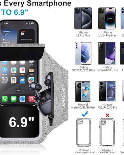 Cell Phone Running Armband with Earbuds Zipper Pocket Armband Case Running Holder for iPhone 16 Pro Max/15/14 Pro Max/13/12 /11 Pro Max/XS/XR,Galaxy S20 S10,Sweatproof Arm Band with Card/Key Bag