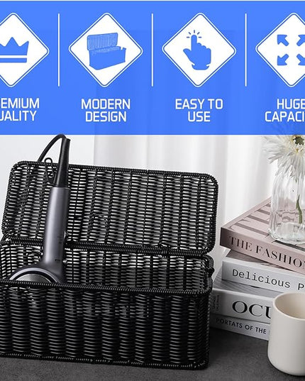 Cable Management Box, Handmade Rattan Cable Organizer with 2 Open Slots, Cord Hider for Power Strip, Router & USB Hub, Registered U.S. Design Patent (D1,112,102), 13" x 5.1" x 5.1", Black