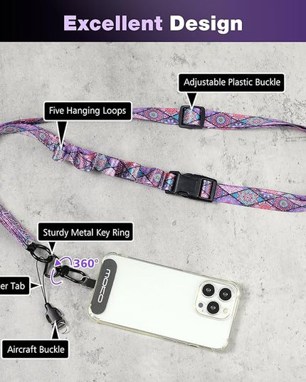 MoKo Boho Universal Phone Lanyard, Nylon Adjustable Cell Phone Crossbody Strap Detachable Women & Men Cellphone Lanyards Around the Neck with Patches for iPhone, Most Smartphones, Boho Colorful