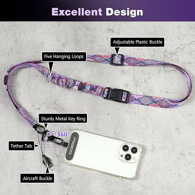 MoKo Boho Universal Phone Lanyard, Nylon Adjustable Cell Phone Crossbody Strap Detachable Women & Men Cellphone Lanyards Around the Neck with Patches for iPhone, Most Smartphones, Boho Colorful