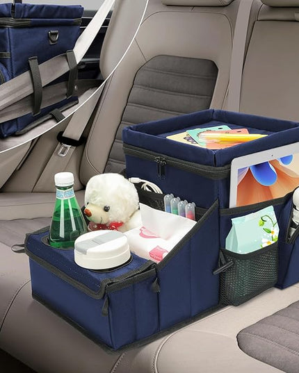 Car Seat Organizer, Backseat Car Organizer with Cup Holder Tray and Storages for Kids and Adults, Portable Travel Cooler for Car for Front or Back Seat Passenger Organizer Ccompartment (Navy Blue)