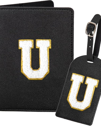 ULICO Initial Passport Cover and Luggage Tag Set,PU Leather Letter Passport Case Holder Travel Suitcase Tag, Personalized Travel Luggage Accessories Gifts for Women Kids Teenage Black U