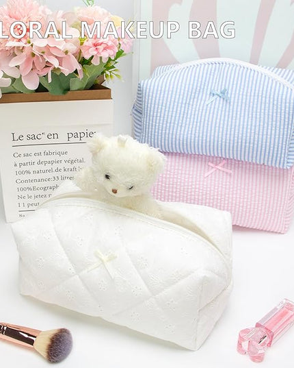 PAZIMIIK 6PCS Cozy Makeup Bag SET Travel Cosmetic Bag for Women Soft Toiletry Bag Aesthetic Makeup Organizer Portable Large Zipper Pouch for Skincare Beauty Accessories Brushes Embroidery White