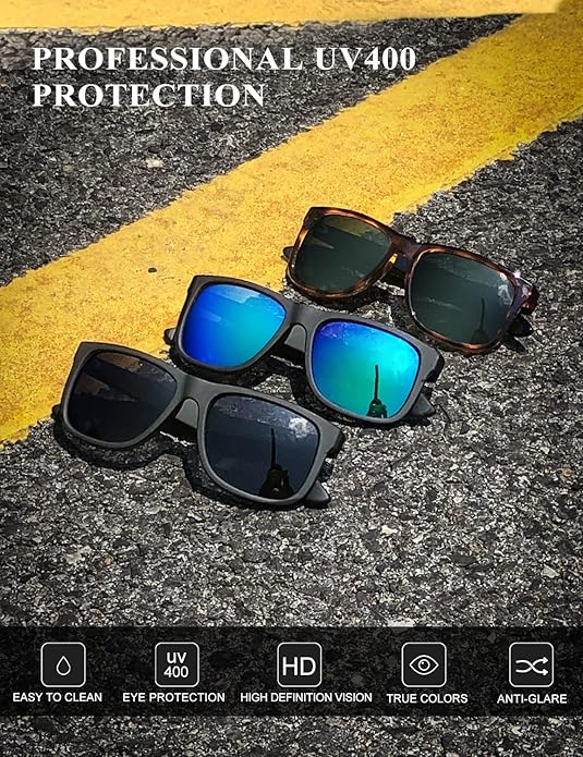 KALIYADI Sunglasses Men Polarized Sun glasses for Mens Womens Classic Matte Black Frame UV Protection 3pack