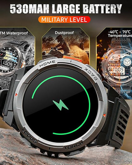 KE5 Military Smart Watch for Men with Flashlight SOS 3ATM Waterproof Watch 530mAh Big Battery 1.45" Rugged Tactical Smartwatch with Compass Elevation Barometer Fitness Watch for iPhone (Grey+2 Camo)