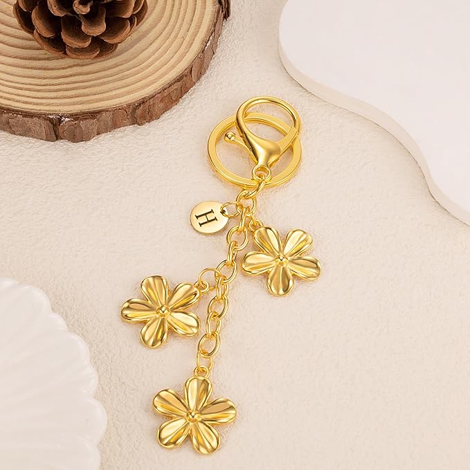 XGALBLA Gold/Silver Initial Keychain Flower Charms for Key Cute Letter Keyring for Purse Handbag Backpack