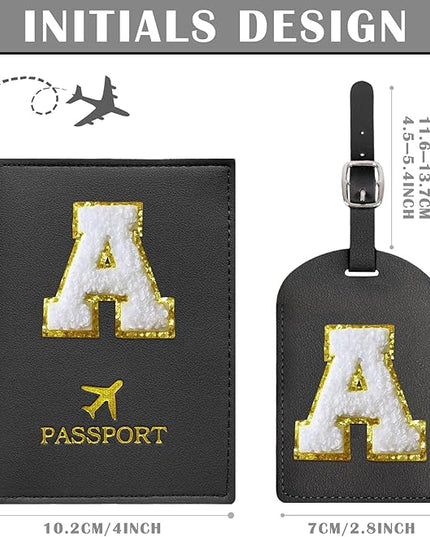 COSHAYSOO Black Passport Cover Holder and Initial Luggage Tag Set TSA Approved with Personalized Monogram Chenille Letter Patch for Women Teen Girls, Cute Travel Bag Suitcase Identifier (A)