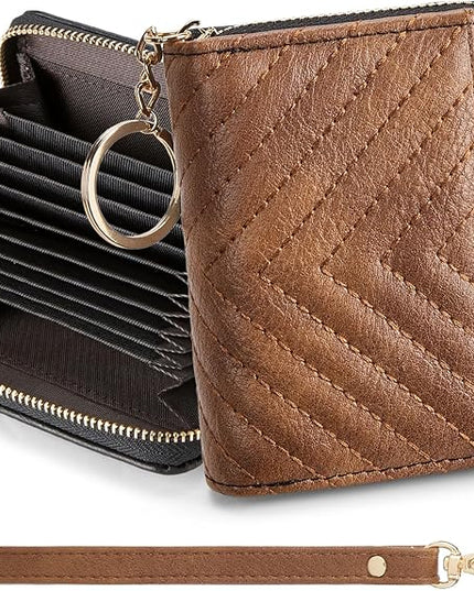 BOSTANTEN Credit Card Holder Wallet RFID Blocking Leather Small Wallet for Women Zipper Keychain Wallet with Wristlet Brown＆Black
