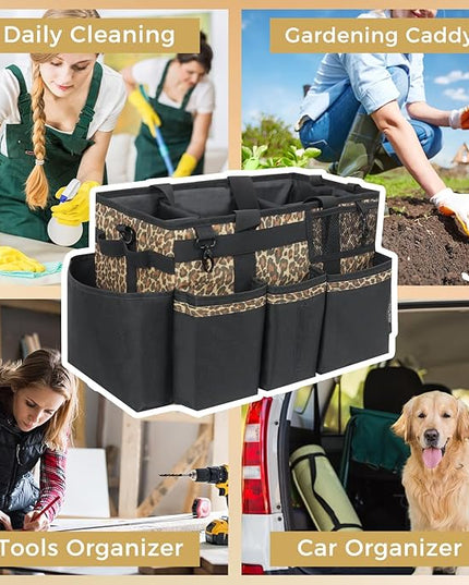 Wearable Cleaning Caddy, Cleaning Caddy Supplies Organizer with Handle & Shoulder Straps for Housekeepers, Under Sink & Car Cleaning Tool Organizers Bag with 4 Foldable Divider (Leopard)
