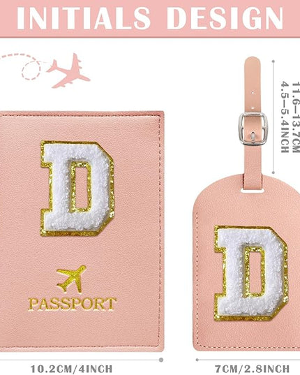 COSHAYSOO Initial Passport Cover and Luggage Tag Set with Chenille Letter Patch for Women Teenage Girls, Family Travel Passport Holder Bag Suitcase Cruise Ships Identifier Pink D