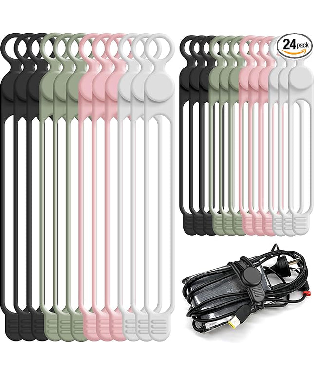 Nearockle Silicone Cable Ties Cord Organizer for Cable Management, 24PCS 4.2" and 7.1" Reusable Cable Organizer Electronic Accessories for Home, Office, Kitchen, School, Travel (4 Colors)