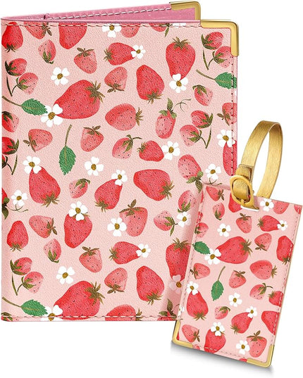 Slohif Passport Holder Lugguage Tag Set Suitcase Cover Wallet Case for Travel Women - Leather Passport Book Personalized Organizer Card Protector Sleeve Essentials Slim Carrier Strawberry