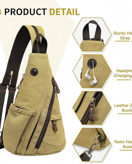 Vintage Canvas Sling Bag with Genuine Leather Zipper, 3 in 1 Crossbody, Backpack, and Chest Bag, for Travel, Hiking, 16x10x6 Inches, Khaki